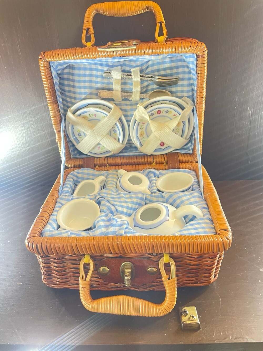Delton Children's Porcelain Tea Set and Wicker Basket